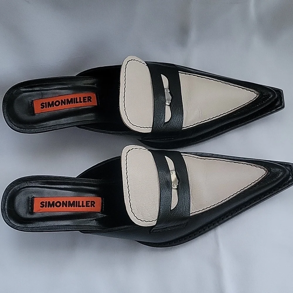 Simon Miller Black and Cream Pointed Penny Leather Mules - Picture 1 of 7